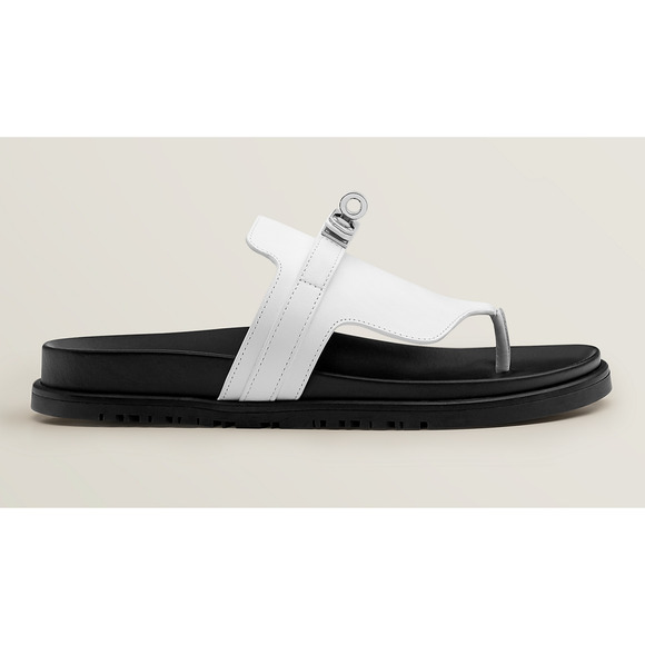 Hermes Empire Sandals White Black Leather Kelly Lock Logo Slide Mule Flat 37 - Picture 3 of 12